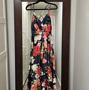 glam Navy Maxi Dress with Red & Pink Floral Print